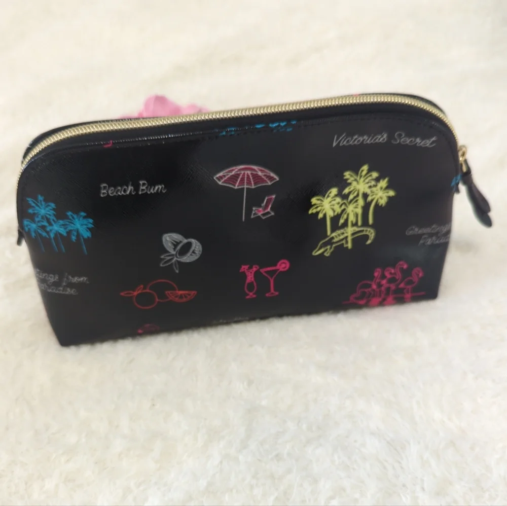 Victoria's Secret Black With Neon Beach Print Large Zip Cosmetic Travel Pouch